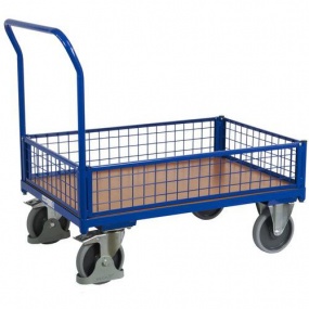 Plošinový vozík s madlem a nízkými mřížovými bočnicemi, do 500 kg, 100,6 x 112,5 x 70 cm