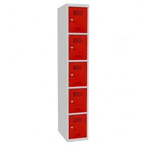 Svařovaná šatní skříň Hugo, 5 boxů, cylindrický zámek, šedá/červená