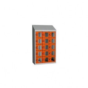 Svařovaná skříň na osobní věci Olaf s průhlednými dvířky, 15 boxů, cylindrický zámek, šedá/oranžová