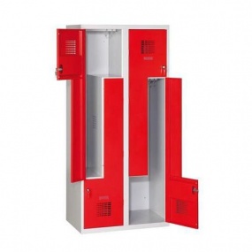 Svařovaná šatní skříň Tobias, dveře Z, 4 oddíly, cylindrický zámek, šedá/červená