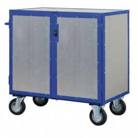Uzavíratelný skříňový vozík s madlem a plnými stěnami, do 600 kg, 3 police