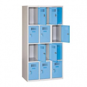 Svařovaná šatní skříň Eric odlehčená, 12 boxů, cylindrický zámek, šedá/sv. modrá