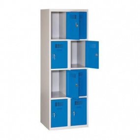 Svařovaná šatní skříň Eric odlehčená, 8 boxů, cylindrický zámek, šedá/tm. modrá