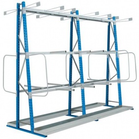 Oboustranný vertikální kovový regál Epsivol, přístavbový, 250 x 150 x 34 cm, modrý