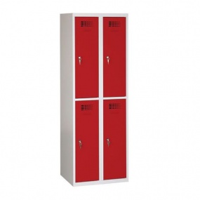 Svařovaná šatní skříň Charles odlehčená, 4 oddíly, cylindrický zámek, šedá/červená