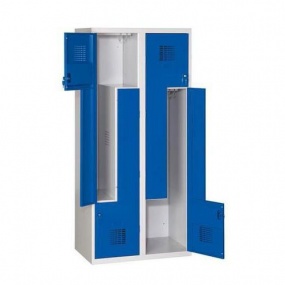 Svařovaná šatní skříň Steven, dveře Z, 4 oddíly, cylindrický zámek, šedá/tm. modrá