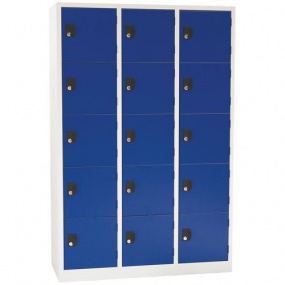 Svařovaná šatní skříň Manutan Mike, 15 boxů, cylindrický zámek, šedá/modrá