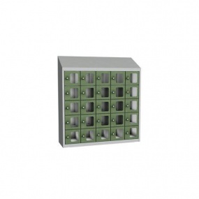 Svařovaná skříň na osobní věci Olaf s průhlednými dvířky, 25 boxů, cylindrický zámek, šedá/zelená