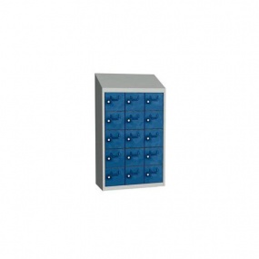 Svařovaná skříň na osobní věci Olaf, 15 boxů, otočný uzávěr, šedá/tmavě modrá