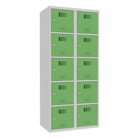 Svařovaná šatní skříň Samuel, 10 boxů, cylindrický zámek šedá/zelená