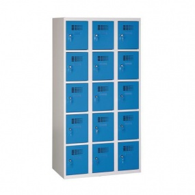 Svařovaná šatní skříň Eric odlehčená, 15 boxů, cylindrický zámek, šedá/tm. modrá