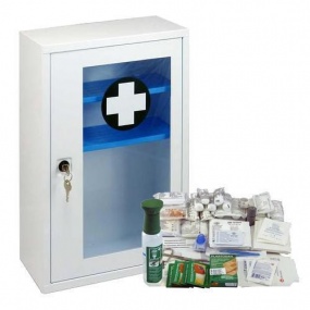 Kovová nástěnná lékárnička s transparentními dvířky, uzamykatelná, 46 x 30 x 14 cm, s náplní SKLAD