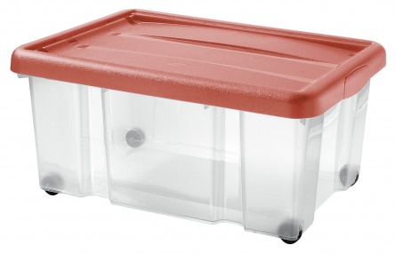 Box PUZZLE s víkem a kolečky 43L transparent červená