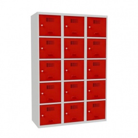Svařovaná šatní skříň Adam, 15 boxů, cylindrický zámek šedá/červená