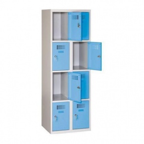 Svařovaná šatní skříň Eric odlehčená, 8 boxů, cylindrický zámek, šedá/sv. modrá