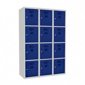 Svařovaná šatní skříň West, 12 boxů, cylindrický zámek, šedá/tmavě modrá
