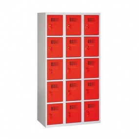 Svařovaná šatní skříň Eric odlehčená, 15 boxů, cylindrický zámek, šedá/červená