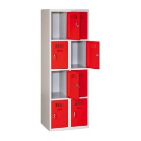 Svařovaná šatní skříň Eric odlehčená, 8 boxů, cylindrický zámek, šedá/červená