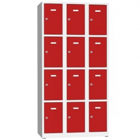 Svařovaná šatní skříň Philip, 12 boxů, cylindrický zámek, šedá/červená