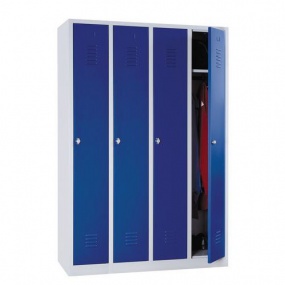 Svařovaná šatní skříň Manutan DURO PROFI, 4 oddíly, šedá/modrá, cylindrický zámek