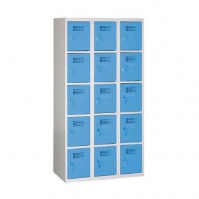 Svařovaná šatní skříň Eric odlehčená, 15 boxů, cylindrický zámek, šedá/sv. modrá