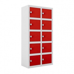 Svařovaná skříň na osobní věci Ben, 10 boxů, cylindrický zámek, šedá/červená