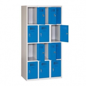 Svařovaná šatní skříň Eric odlehčená, 12 boxů, cylindrický zámek, šedá/tm. modrá