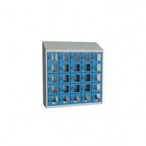 Svařovaná skříň na osobní věci Olaf s průhlednými dvířky, 25 boxů, cylindrický zámek, šedá/světle modrá
