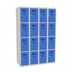 Svařovaná šatní skříň George, 16 boxů, cylindrický zámek, šedá/světle modrá