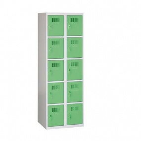 Svařovaná šatní skříň Eric odlehčená, 10 boxů, cylindrický zámek, šedá/zelená