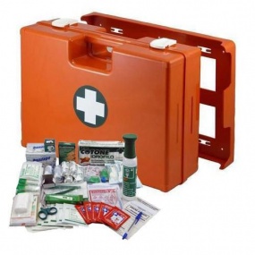 Plastový kufr první pomoci se stěnovým držákem, 33,8 x 44,3 x 14,7 cm, s náplní VÝROBA