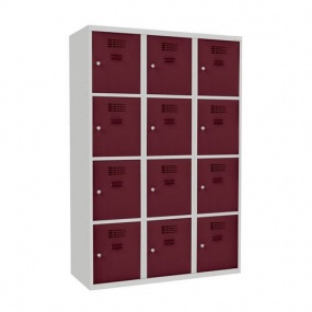 Svařovaná šatní skříň West, 12 boxů, cylindrický zámek, šedá/vínově červená