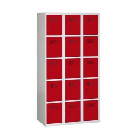 Svařovaná šatní skříň Eric odlehčená, 15 boxů, cylindrický zámek, šedá/tmavě červená