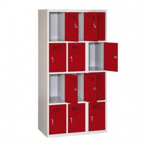 Svařovaná šatní skříň Eric odlehčená, 12 boxů, cylindrický zámek, šedá/tmavě červená