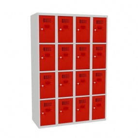 Svařovaná šatní skříň George, 16 boxů, cylindrický zámek, šedá/červená