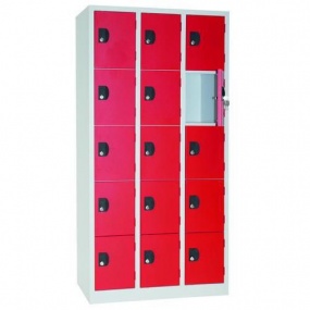 Svařovaná šatní skříň Manutan Pierre, 15 boxů, cylindrický zámek, šedá/červená