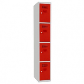 Svařovaná šatní skříň Emil, 4 boxy, cylindrický zámek šedá/červená