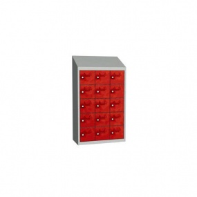 Svařovaná skříň na osobní věci Olaf, 15 boxů, otočný uzávěr, šedá/červená