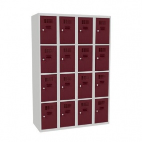 Svařovaná šatní skříň George, 16 boxů, cylindrický zámek, šedá/vínově červená
